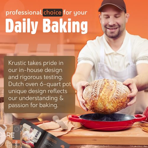 Krustic Enameled Cast Iron Dutch Oven for Sourdough Bread Baking | 6 Quart Pot with Lid | 10 Inch Ceramic Enamel Thick Coated Cookware Set with Non Stick Silicone Baking Mat for Cooking | 6 Qt | Red