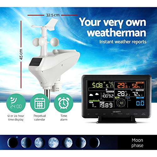 Devanti Weather Station Indoor Outdoor Wireless WiFi Rain Gauge Solar Sensor UV