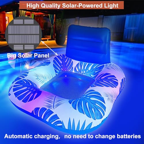 Floating Pool Chair with Solar Powered Light, XL Inflatable Pool Floats Adults with Light, Large Pool Float with Night Lights, Summer Beach Pool Chair, Lake Raft with Cup Holder