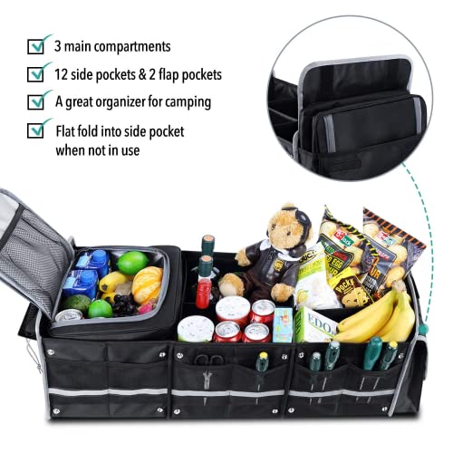 Versatile Car Trunk Organiser with Insulated Cooler Bag - Waterproof, Foldable Cover, Adjustable Straps - Ideal Car Accessories and Boot Organiser (Black, 4-in-1 w/Cooler)