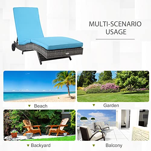 Outsunny Wicker Chaise Lounge, Outdoor Lounge Chair, 5-Level Adjustable Backrest S-Shape Rattan Lounger with Cushion & Wheels for Patio, Deck, Poolside, Sky Blue