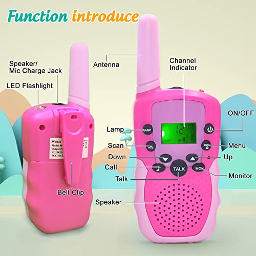 PELOSTA 2 Pack Walkie Talkies for Kids,Electronic Toys with 22 Channels & Flashlights & 3 Mile Range,Toddler Toy for 3-12 Year Old Preschool Boys Girls,Gifts for Sports Outdoor Game & Role Play(Pink)