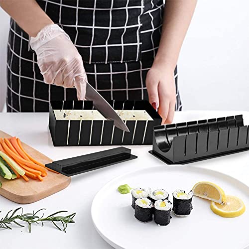 Sushi Making Set, 10 PCS DIY Sushi Production Kit, Super Sushi Tools for Sushi Maki Rolls, Premium Sushi Mold Maker with Sushi Rice Roll Mold Shapes and Fork, Super Easy and fun for Daily Uses (Black)