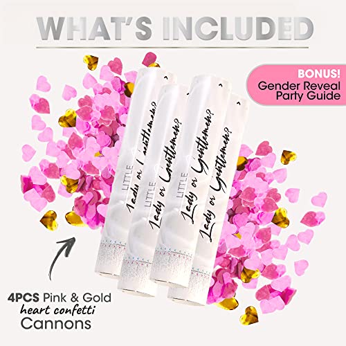 Gender Reveal Confetti Cannon - 4 Pack - Heart Shaped Pink Gender Reveal Cannons | Baby Gender Reveal Poppers | Boy or Girl Gender Reveal | Pink Confetti Poppers | Pink Party Poppers Confetti Shooter