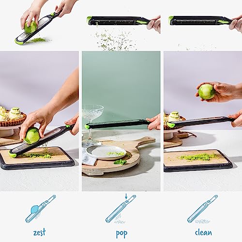 Dreamfarm Ozest Fine | Easy Speed Self-Cleaning POP Citrus Cheese Zester | Blade Cover Measures Zest | Concave Blades & Non-Slip Foot Increased Leverage Fast & Fluffy Zest Every Time | Green/Black