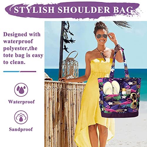 Beach Bag for Women,VASCHY Lightweight Large Water Resistant Sandproof Fold-able Packable Pool Tote Bag w Zipper/Pockets for Vacation Purple Flamingo