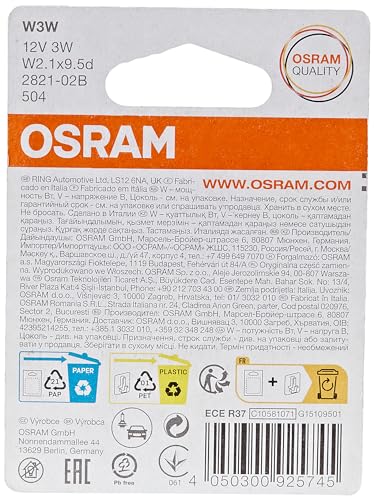 Osram 2821-02B Wedge Base 12V 3W Headlight Globe (Pack of 2)