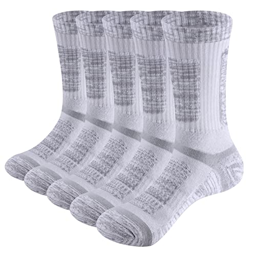 YUEDGE Womens Hiking Sports Socks White Moisture Wicking Cotton Cushioned Womens Socks Mid Calf Work Boot Socks For Women Size 6-9, 5 Pairs…