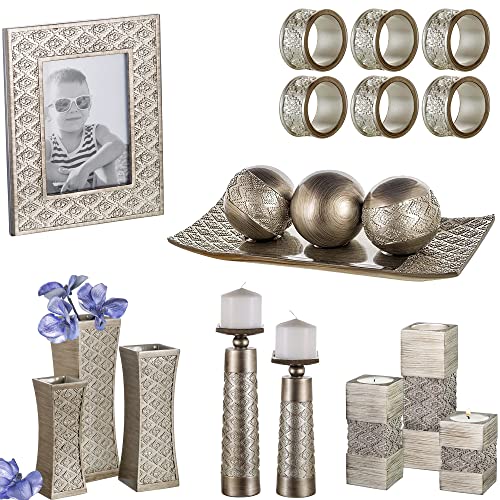 (Brushed Silver) - Dublin Decorative Tray and Orbs/Balls Set of 3, Centrepiece Bowl with Balls decorations Matching, Rustic Decorated Spheres Kit for Living Room or Dining/Coffee Table, Gift Boxed (Brushed Silver)