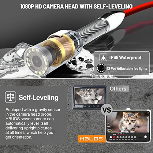 HBUDS Sewer Camera with Locator 165ft, Self-Leveling, 9'' 1080P HD Screen Drain Camera, Plumbing Camera Snake with Light, IP68 Waterproof Sewer Inspection Camera, Drain Pipe Cameras with DVR Recorder