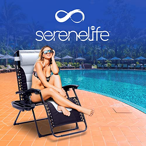 SereneLife Foldable Outdoor Zero Gravity Padded Lawn Chair, Adjustable Steel Mesh Recliners, w/Removable Pillows and Cup Holder Side Tables, Gray and Black