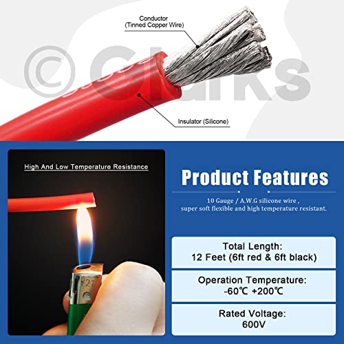 Glarks 10 Gauge High Temp Silicone Wire 6 ft red and 6 ft Black Flexible Insulated Copper Wire