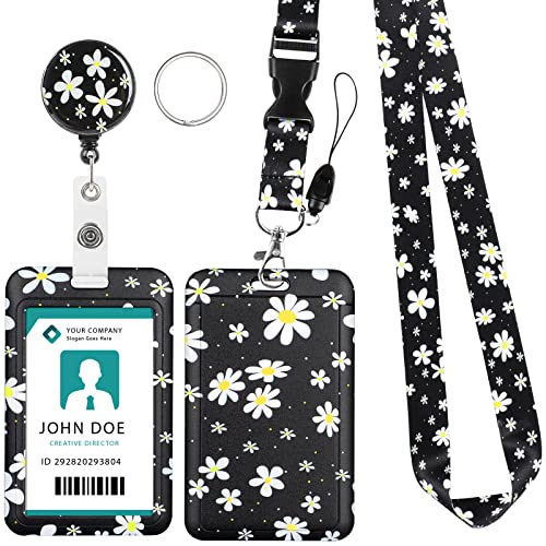 Hianjoo Badge Holder Retractable with Lanyard, ID Card Holder with Belt Clip Retractable Reel Neck Lanyard for Students Office Staff, Black Daisy