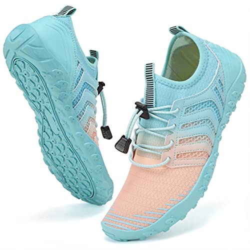 WateLves Water Shoes Mens Womens Beach Swim Shoes Quick-Dry Aqua Socks Pool Shoes for Surf Yoga Water Aerobics, G/Pink/Blue, 8.5 Women/7 Men