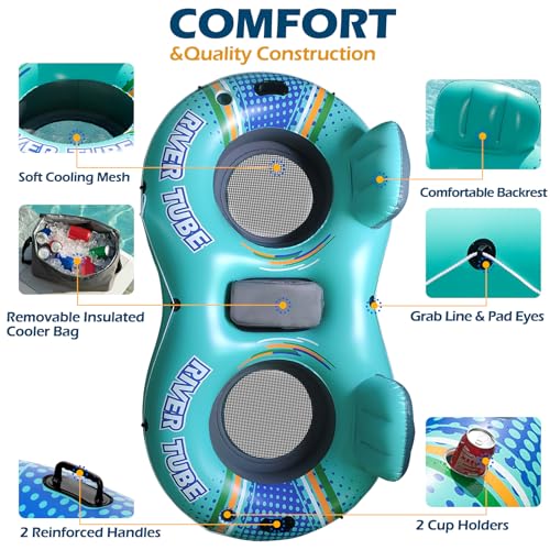 Jasonwell Inflatable River Tube Float - 2 Person Heavy Duty River Float Pool Floats with Removable Cooler Lake Water Tubes for Floating River Raft Lounge Floatie with 2 Cup Holders for Adults (Cyan)