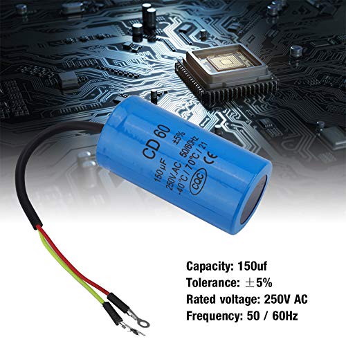 Joyzan CD60 Run Capacitor, Anti Explosion Heat Resisting Run Capacitor 150Uf Capacity 250V Ac 50/60Hz Frequency Round Blue Capacitors with Wire Lead for Motor Air Compressor Start Motors Conditioner