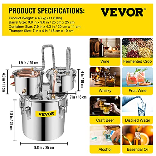 VEVOR Moonshine Still 3 Gal 12L Stainless Steel Water Alcohol Distiller Copper Tube Home Brewing Kit Build-in Thermometer for DIY Whisky Wine Brandy, 3GAL, Sliver 3 pots