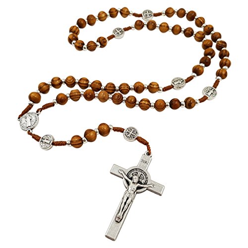 TALISMAN4U Olive Wood Rosary Beads Catholic Necklace St Saint Benedict Medal Crucifix Jerusalem Cross Gift Box, Wood