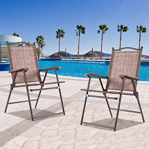 Costway Set of 2 Patio Folding Chairs, Indoor Outdoor Folding Chairs with Armrests, Steel Frame, Weather Resistant Portable Dining Seating Textilene Lounge for Lawn, Backyard, Deck (Coffee)