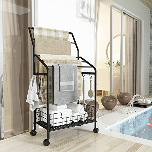 Zitaloken Towel Rack for Bathroom, Large Freestanding Blanket Holder with 5 Towel Bar, Floor Stand Towel Storage with Laundry Basket, Mobile Pool Towel Racks Outdoor, Black