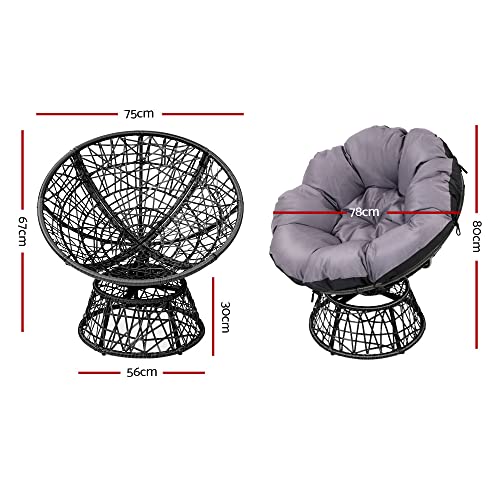 Gardeon Papasan Table and Chairs Wicker Outdoor Chair Side Desk, Patio Furniture Lounge Setting Garden Backyard Living Bedroom, 360 Degree Swivel with Soft Thick Cushion Glass Tabletop Black