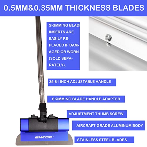 BHTOP Drywall Tools Skimming Blade with Extension Handle and Arc Scraper - 10", 16" & 24" Blades Extruded Aluminum 301 Stainless Steel Construction Tools End Caps, Wall-Board with 0.5mm&0.35mm Blue