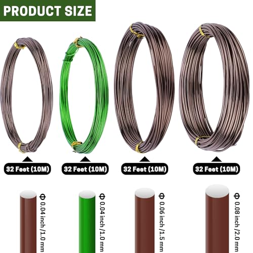 ZELARMAN Bonsai Training Wire Set of 4 - Total 128 Feet(32 Feet Each Size) 3 Size - 1.0MM,1.5MM,2.0MM - Corrosion and Rust Resistant (with Bonsai Wire Cutter)