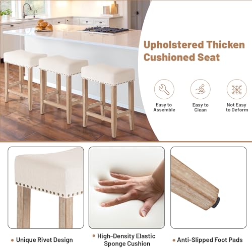 Furniliving Bar Stools Set of 2,25.7 inch Counter Height Bar Stools,Upholstered Kitchen Barstools with Solid Wooden Legs, Saddle Stools for Kitchen Island, Bar, Cafe, Beige