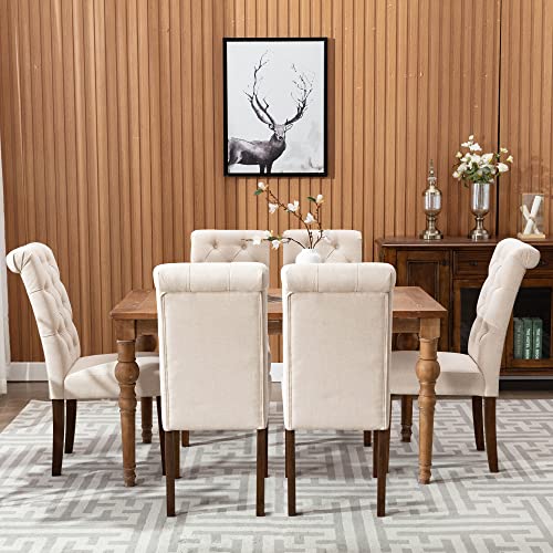 COLAMY Tufted Dining Room Chairs Set of 2, Accent Parsons Diner Chairs Upholstered Fabric Side Stylish Kitchen Chairs with Solid Wood Legs and Padded Seat - Beige