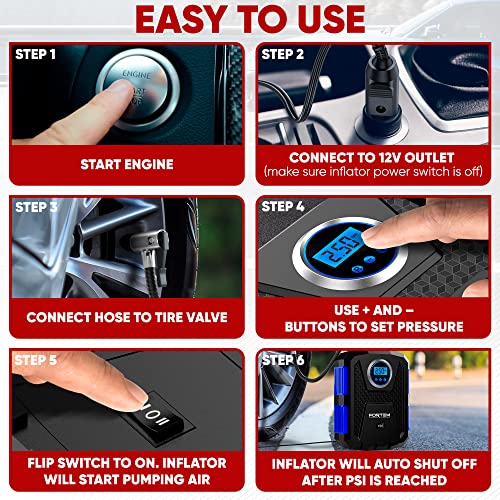 FORTEM Tyre Inflator Portable Air Compressor 150 PSI, Bike Pump, 12V Electric Air Pump for Car Tyres and Bicycles w/LED Light, Digital Tyre Pressure Gauge w/Auto Pump/Shut Off, Carrying Case (Blue)