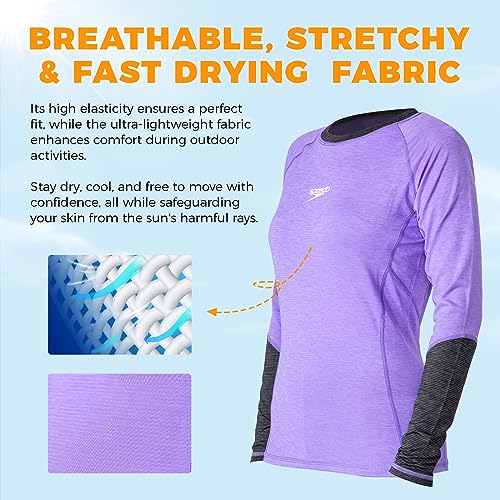 Speedo Women's UPF 50+ Rash Guard Long Sleeve Swim Shirts, Water Beach Surf Swimsuit, UV/Sun Protection Swimwear - Violet/L