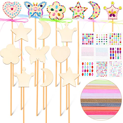 Princess Fairy Wands Kit Include Wooden Fairy Wands, Gem Stickers, Ribbons Unfinished Wooden DIY Magical Wand Crafts Moon Butterfly Magical Wand for Girls Make Your Own Princess Wand(18 Sets)