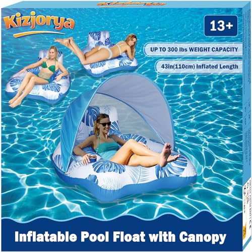 【Upgraded】 Pool Floats Adult with Canopy, XL Inflatable Pool Floaties for Adults Heavy Duty, Pool Chair and Lounge for Swimming in Pool Beach Lake, Float for Fool Floating with Cup Holder, Backrest