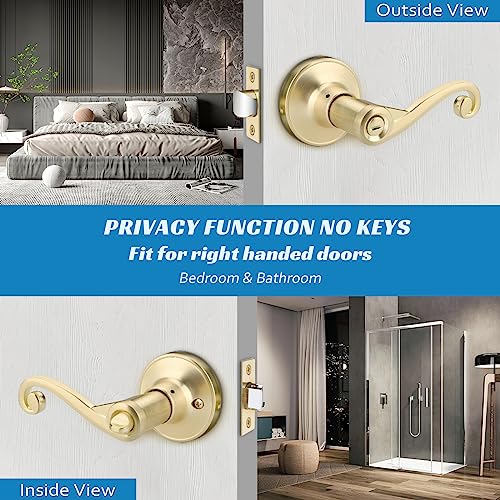 Bonpoly 6 Pack Gold Door Handles, Wave Style Door Lever Privacy Door Handle, Keyless Interior Lever for Bedroom Bathroom, Satin Brass Finish