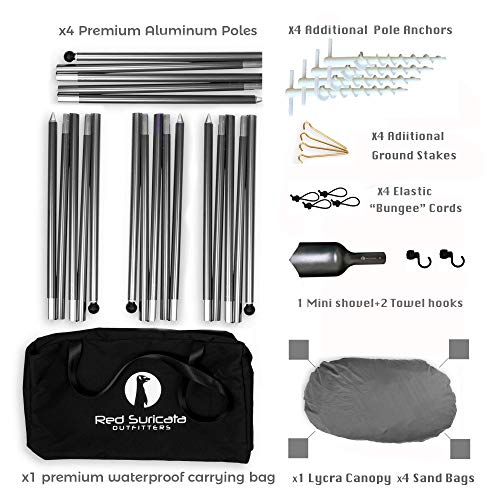 Red Suricata Family Beach Sunshade - Sun Shade Canopy | UPF50 UV Protection | Water Repellent Tent with 4 Aluminum Poles, 4 Pole Anchors, 4 Sandbag Anchors | Portable Shelter Tarp (Medium, Grey)