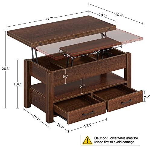 Rolanstar Coffee Table Lift Top, Multi-Function Convertible Coffee Table with Drawers and Hidden Compartment, Coffee Table Converts to Dining Table for Living Room, Home Office,Espresso