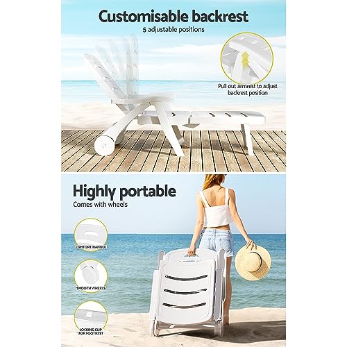 Gardeon Sun Lounge, Folding Camping Chair Lounger Day Bed Chaise Beach Chairs Outdoor Furniture Garden Patio Setting Pool Backyard, with Wheels Armrest Backrest White