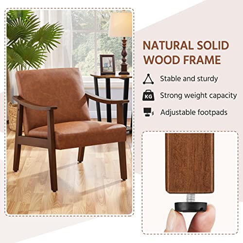 Yaheetech PU Leather Accent Chair, Mid-Century Modern Armchair with Solid Wood Legs, Reading Leisure Chair with High Back for Living Room Bedroom Waiting Room, Set of 2, Brown