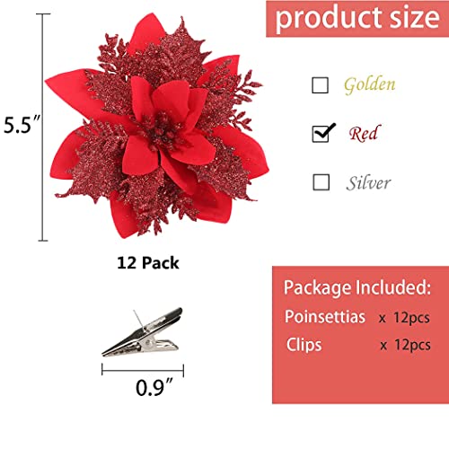 iDopick 16 Pieces Christmas Poinsettia Artificial Christmas Flowers Decorations Glittering with Clips for Xmas Wedding Party Tree Wreath Ornaments Glitter(Red)