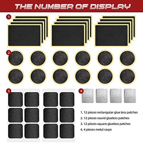 40 Pieces Bicycle Tire Repair Kit Includes 36 Pieces Glueless Bike Tube Patches Self Adhesive Bicycle Tire Patches Included Round Square Rectangle and 4 Pieces Metal Rasps for Road Mountain Bikes
