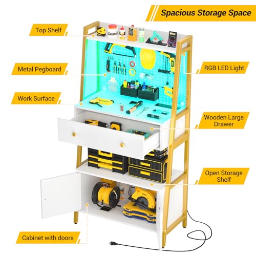 Cyclysio Small Workbench with Pegboard, Garage Workbench with LED Light & Power Outlets, Work Bench with Storage Cabinet, Drawer and 6 Hooks, White