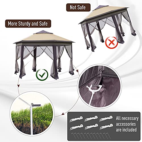 Outsunny 13' x 13' Pop Up Gazebo, Hexagonal Canopy Shelter with 6 Zippered Mesh Netting, Event Tent with Strong Steel Frame for Patio Backyard Garden Wedding Party