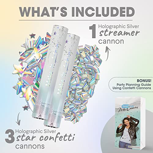 Silver Confetti Poppers 4 Pack | Confetti Cannon Party Poppers Confetti Shooter for Events Birthday Celebration | Bulk Streamer Blaster Cannon Star Launcher | Large Prank Package Gun Tube Stick