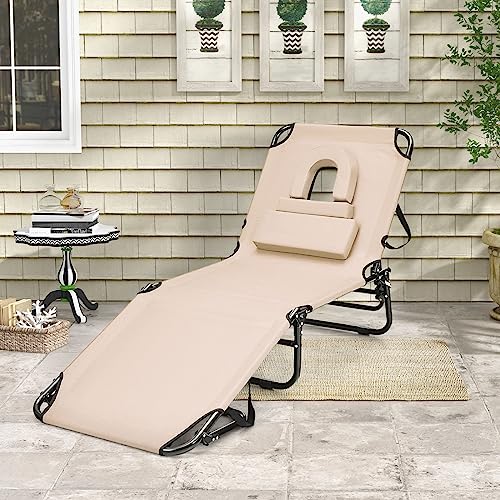 Giantex Reclining Camping Lounger Chair w/5 Adjustable Positions, Convenient Face Hole, 3 Detachable Pillow & Hand Ropes, Outdoor Foldable Sun Lounger Bed for Beach Patio Poolside & Lawn (Beige)