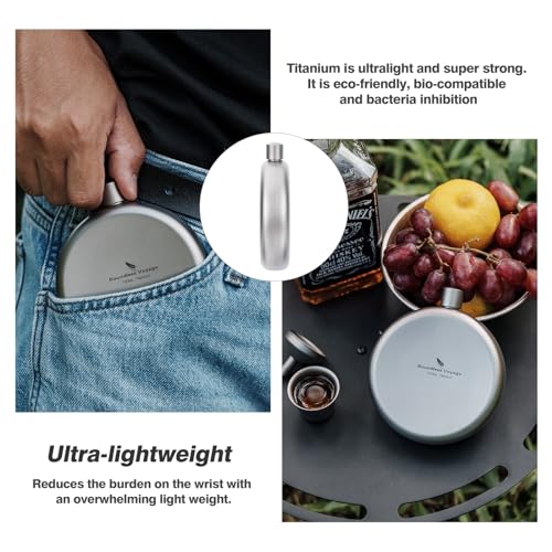 Boundless Voyage Titanium Hip Flask for Whiskey Vodka Portable Round Wine Bottle with Funnel Rust-Free Healthy Eco-Friendly Ultralight Small Liquor Bottle for Camping Outdoor Travel 150ml Ti3065D