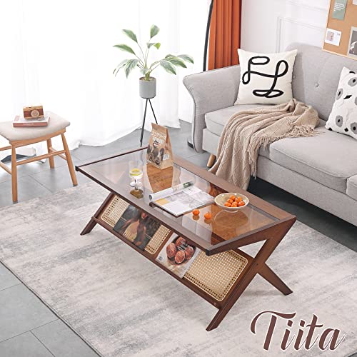 Tiita Rattan Coffee Table, Bamboo Accent Bedside Tables, Glass Nightstand Side Table, Boho Wooden End Table with Storage for Living Room,Living Room, Dining Room, Tea, Home Décor