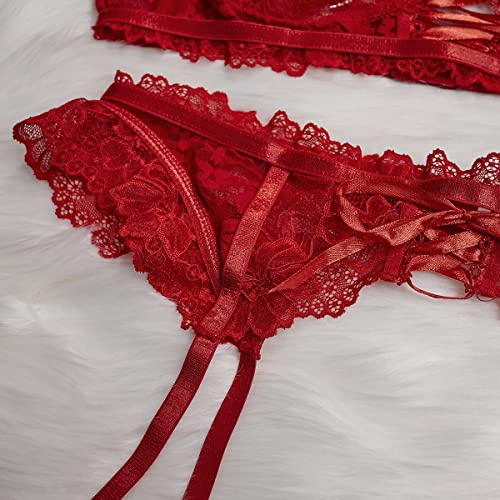 FAIRYMEI Lingerie for Women 3 Piece Lingerie Set with Garter Belt Bra and Panty Sets Sexy Lace Bodydoll Teddy Lingerie…, Red, Small