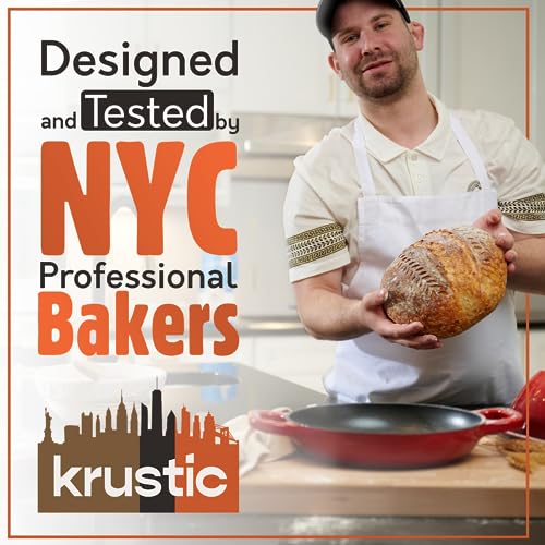 Krustic Enameled Cast Iron Dutch Oven for Sourdough Bread Baking | 6 Quart Pot with Lid | 10 Inch Ceramic Enamel Thick Coated Cookware Set with Non Stick Silicone Baking Mat for Cooking | 6 Qt | Red