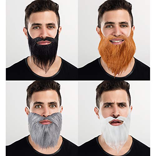 4 Pieces Fake Beards False Beards Funny Fake Mustache Fake Whisker for Costume Halloween Party Supplies (Black, White, Brown, Grey)