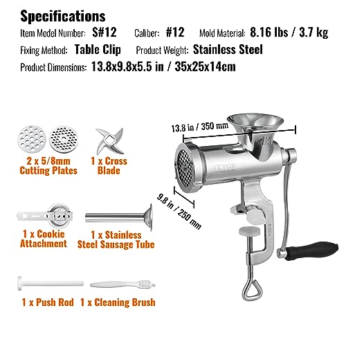 VEVOR Manual Meat Grinder, 304 Stainless Steel Hand Meat Grinder with Steel Table Clamp, Meat Mincer Sausage Maker & 2 Cutting Plates, Cookie Attachment, Sausage Tube for Beef Pepper Mushroom Cookie